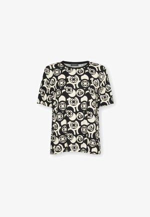 Black and white short-sleeve t-shirt featuring a geometric pattern of swirls and circles. Made of a soft fabric with a crew neckline.