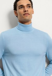 Hellblauer Rollkragenpullover aus einem weichen, feinen Strickstoff. Mit einer figurbetonten Passform und ribbeltem Kragen, der eine saubere, nahtlose Verarbeitung zeigt.