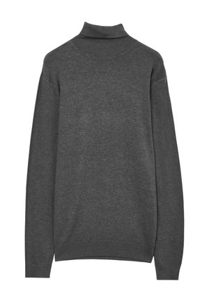 Pull en col roulé gris en tissu tricoté texturé. Doté de manches longues et de poignets côtelés, avec un ajustement serré au niveau du cou.