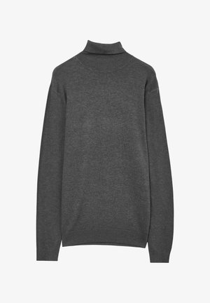 Grauer Rollkragenpullover aus strukturiertem Strickstoff. Hat lange Ärmel und gerippte Bündchen, mit einer engen Passform am Hals.