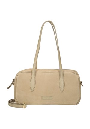 Sac à main rectangulaire beige avec deux longues anses et une bandoulière amovible, avec un petit patch logo de marque cousu à l'avant.