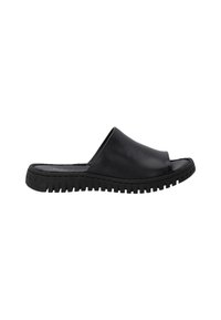 Black leather slide sandal with an open toe and a textured rubber sole featuring grooves for grip. Smooth upper design.