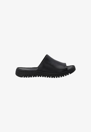 Sort læder slide sandal med åben tå og en tekstureret gummisåler med riller for bedre grip. Glat overfladedesign.