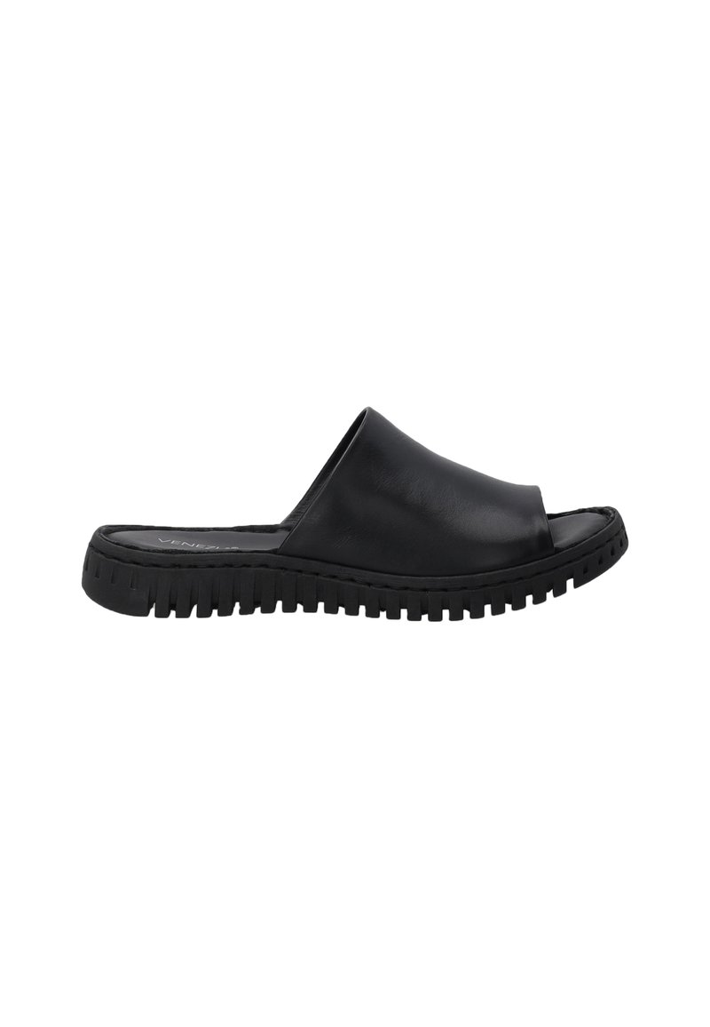 Black leather slide sandal with an open toe and a textured rubber sole featuring grooves for grip. Smooth upper design.