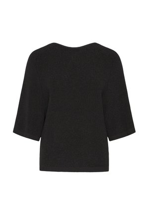 Black short-sleeve knit sweater with a subtle shimmer and round neckline seen from the back on a white background.