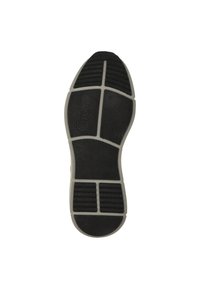 Black rubber shoe sole with a patterned texture, features a grey midsole. It has segmented areas for flexibility and grip.