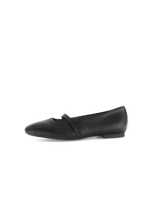 Black leather flat shoe with a pointed toe and a decorative strap across the instep. Smooth texture with minimal embellishments.