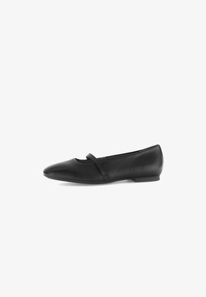 Chaussure plate en cuir noir avec un bout pointu et une sangle décorative sur le dessus du pied. Texture lisse avec un minimum d'embellissements.