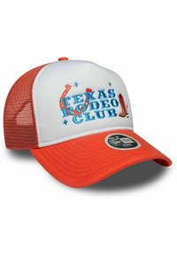 Weißes und oranges Cap mit Netzrücken, auf dem "Texas Rodeo Club" in blauer und roter Stickerei zu sehen ist, sowie einem gebogenen Schirm.