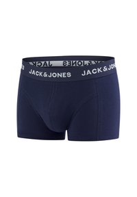 Navyblauwe katoenen boxershorts met een strakke pasvorm, voorzien van een contrasterende witte elastische tailleband met het merk "JACK & JONES."