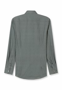 Langarmhemd aus dunkelgrünem Stoff mit einem kreisförmigen geometrischen Muster in Hellblau. Kragen mit geknöpften Manschetten.