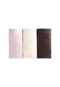Három pár leggings: világos rózsaszín, krémszínű és sötétbarna, amelyek puha tapintásúak és logó részlet található a derékrészen.