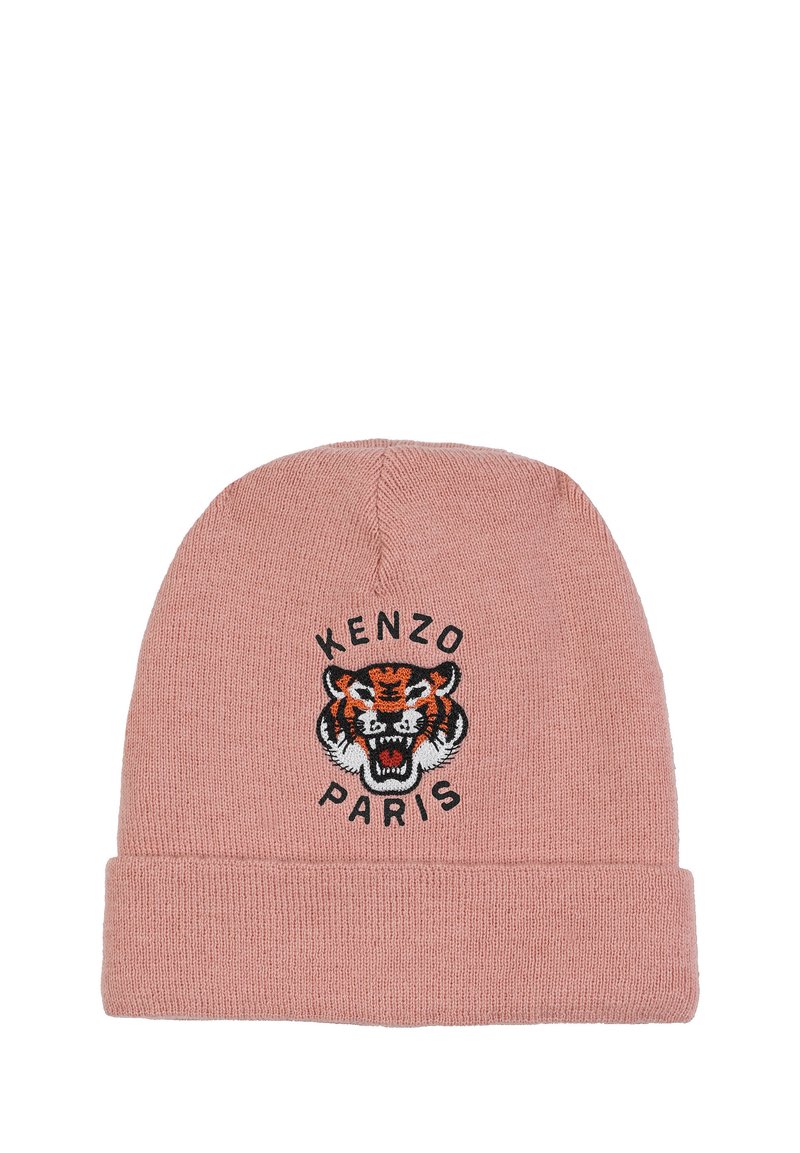 Berretto lavorato a maglia rosa con risvolto e design ricamato di una tigre con testo "KENZO PARIS" in dettagli neri e arancioni.