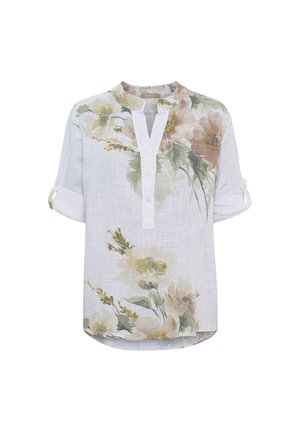 Hvid hørbluse med stort beige og gult blomsterprint, mandarinkrave, knappet frontstykke og optrukne ærmer med stropper.