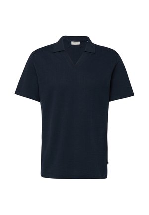 Herren Navyblaues kurzärmeliges Strick-Polohemd mit V-Ausschnitt und Kragen, mit kleinem Markenetikett im Nackenbereich.