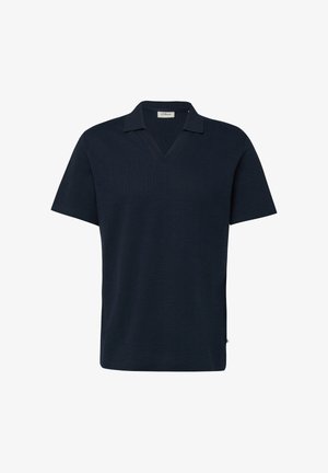 Herren Navyblaues kurzärmeliges Strick-Polohemd mit V-Ausschnitt und Kragen, mit kleinem Markenetikett im Nackenbereich.
