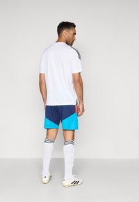 Camisa desportiva branca com riscas pretas, calções azul-marinho com detalhes em turquesa, meias brancas com riscas pretas e chuteiras em preto e branco.