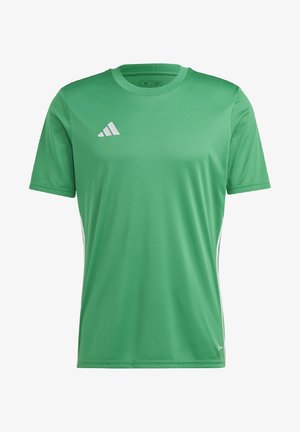 Grünes Sport-T-Shirt mit kurzen Ärmeln, Rundhalsausschnitt, aus leichtem Stoff gefertigt; mit weißem Adidas-Logo und Seitestreifen.