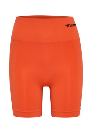 Orange nahtlose Sportshorts mit hohem Bund und schwarzem "hummel"-Logo auf der linken Seitenbund.