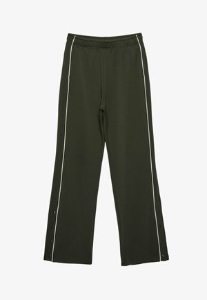 Pantaloni a gamba larga verde scuro con strisce laterali bianche, vita elasticizzata e dettagli con bottoni a pressione alle caviglie.