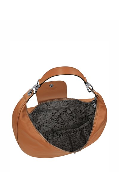 Tan leather handbag with silver hardware, open zipper revealing patterned fabric interior with zippered pocket and snap closure flap.