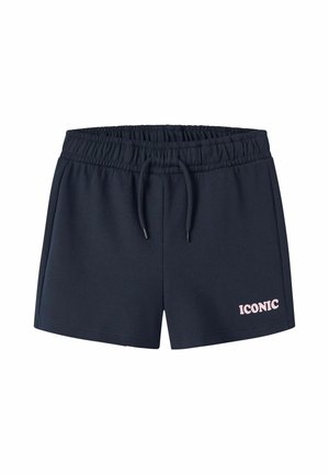 Shorts bleu marine à taille élastique avec cordon et l'inscription « ICONIC » en rose sur la partie inférieure gauche de la jambe.
