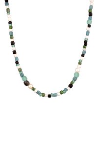 Multifarvet perlekæde med runde, firkantede og ovale perler i nuancer af teal, grøn, sort og hvid med forskellige teksturer.