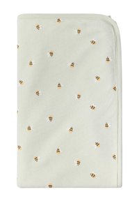 Bomuldsplaid i blød grøn med et bi-mønster. Har små gule og sorte bier med hvide vinger spredt ud over stoffet.