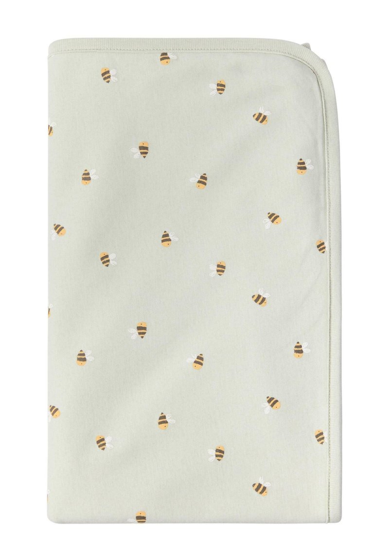 Bomuldsplaid i blød grøn med et bi-mønster. Har små gule og sorte bier med hvide vinger spredt ud over stoffet.