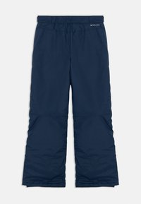 Marine isolerte snøbukser med rett design, elastisk livlinning og glatt tekstur. Columbia-logo på livlinningen. Ingen synlig maskinvare.