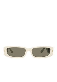 Occhiali da sole rettangolari con una montatura opaca di colore bianco sporco, lenti verde scuro e piccoli dettagli dorati sulla tempia.