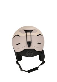 Helm in mattem Beige mit verstellbarem Kinnriemen, Belüftungsschlitzen und schwarzer Schaumstoffpolsterung. Verfügt über ein verstellbares Einstellrad hinten und einen Sicherungsclip.