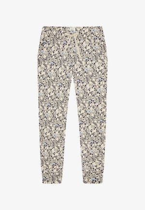 Patterned trousers with a cream background featuring floral designs in blue, burgundy, and black. Includes an elastic waistband and cuffs.