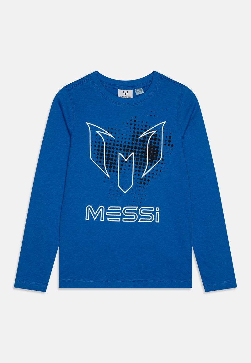 Plava majica dugih rukava od pamuka, s grafičkim dizajnom koji prikazuje bijeli logo i crne točke. Tekst glasi "MESSi."