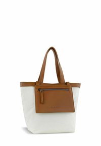 Canvas tas met bruine lederen accenten en een voorvak met rits. Voorzien van twee stevige handvatten en een gestructureerde vorm. Kleur: off-white en bruin.