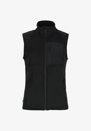 Gilet nero realizzato in pile testurizzato, dotato di un colletto alto, zip completa e multiple tasche con zip per lo stoccaggio.