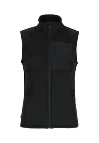 Black sleeveless zip-up vest with high collar and three zippered pockets, designed for outdoor or casual wear.