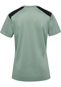 Sports t-shirt in light green, short sleeves, breathable fabric, featuring black accents on shoulders, smooth texture, no visible brand logo.