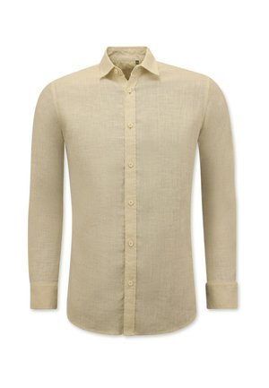 Beige linnen overhemd met lange mouwen, knoopsluiting aan de voorkant, klassieke kraag en met knopen gesloten manchetten.