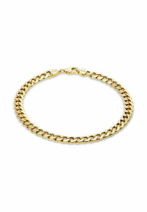 Goldenes Gliederarmband mit ineinandergreifenden flachen Panzergliedern und einem Karabinerverschluss auf weißem Hintergrund.