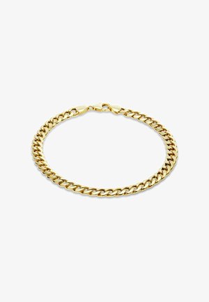Goldenes Gliederarmband mit ineinandergreifenden flachen Panzergliedern und einem Karabinerverschluss auf weißem Hintergrund.