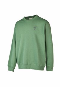 Green cotton sweatshirt featuring a simple crew neckline, ribbed cuffs, and a small purple bird logo on the left chest. Soft texture.