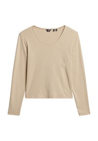 Beżowa bluzka z długim rękawem i okrągłym dekoltem. Wykonana z miękkiego, lekkiego materiału. Posiada luźny krój oraz brak widocznych wzorów lub akcentów.