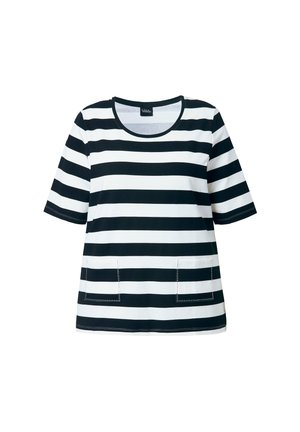 Czarna i biała koszulka w paski z krótkim rękawem, okrągłym dekoltem i dwiema przednimi kieszeniami z kontrastowym ściegem.
