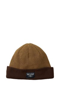 Brązowa dziana czapka z prążkowanym teksturą, z ciemnobrązowym zło�żonym mankietem i czarną naszywką logo "Rip Curl".