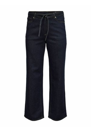 Jeans a gamba larga in denim blu scuro con vita alta, dettagliati con un laccio, cuciture beige e orlo dritto.