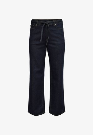 Dunkelblaue Denim-Hose mit weit geschnittenen Beinen und hoher Taille, ausgestattet mit einer gebundenen Kordel, hellbraunen Nähten und einem geraden Saum.