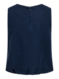 Haut sans manches bleu marine avec une fermeture éclair au dos et un ourlet légèrement arrondi, présenté sur un fond blanc.