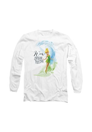 White long-sleeve shirt featuring a green-dressed fairy, text "Wow Swirling Pixie Dust," surrounded by blue swirls and green leaves.