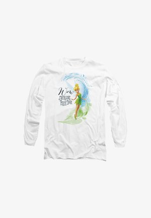 White long-sleeve shirt featuring a green-dressed fairy, text "Wow Swirling Pixie Dust," surrounded by blue swirls and green leaves.
